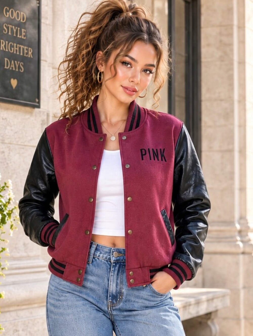 PINK Victorias Secret Maroon Varsity Bomber Jacket S Faux Leather Y2K Collegiate
